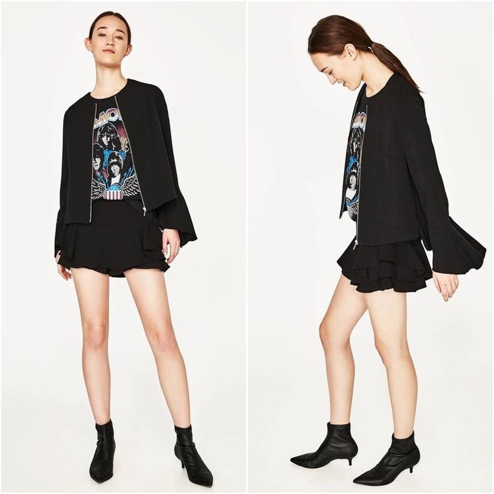 Zara Black Crepe Full Zip Ruffle Bell Sleeve Jacket, Size S NWOT